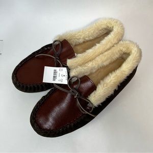 J.Crew Mens Slippers Mocassin Suede Fur Lined Leather Brown Size 12